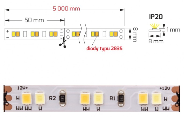 LED Nauha kaksoisväri 3000K-6000K 120 LED/m diodi 2835 IP20 10W/m