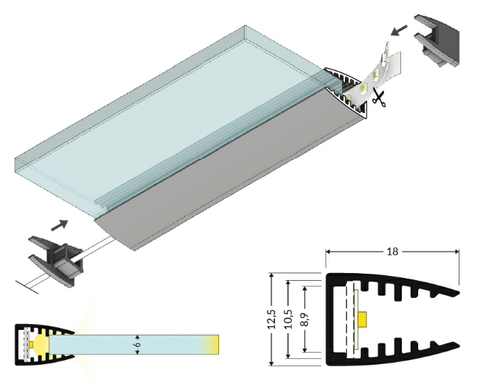 LED-profiili MIKRO10 Lasi/Akryylilevyjä varten 2m. anodisoitu