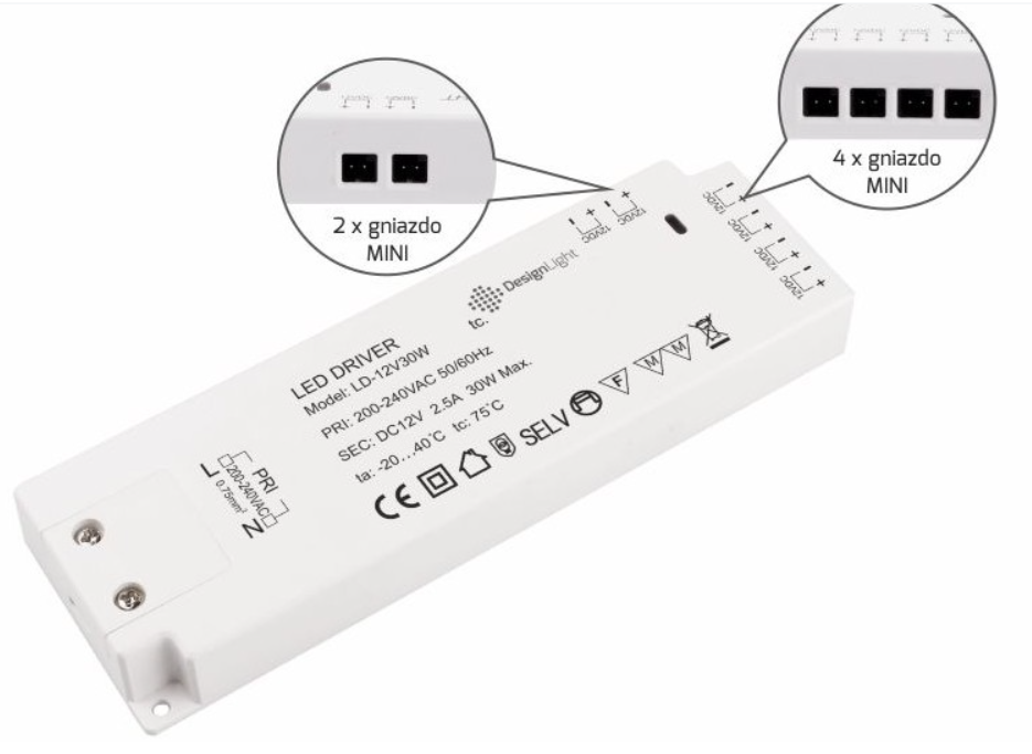 LED-virtalähde 30W/12V Mini-AMP liittimillä 6kpl.