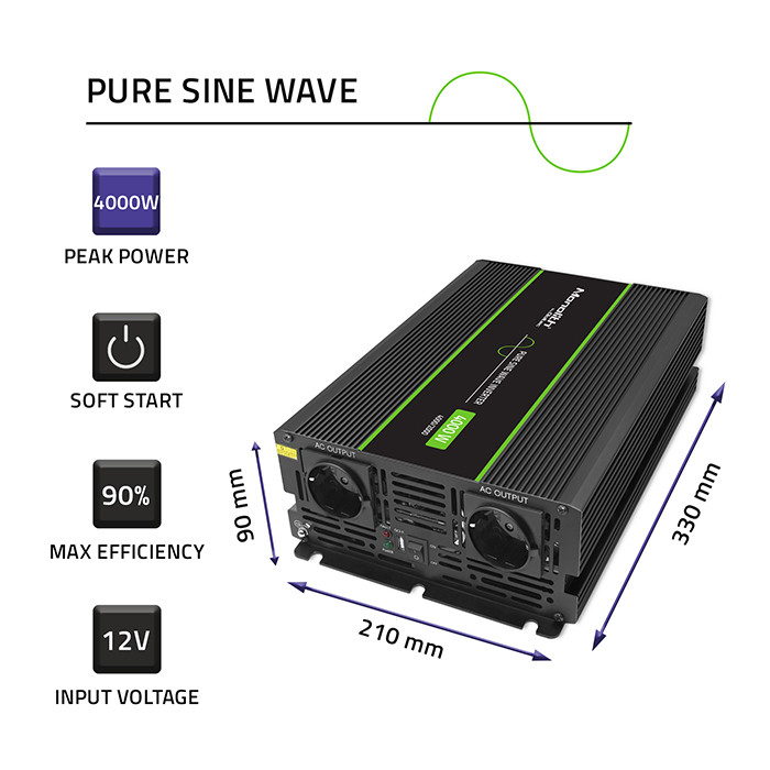 Inverttteri, puhdas siniaalto, 2000W/4000W, 12Vdc