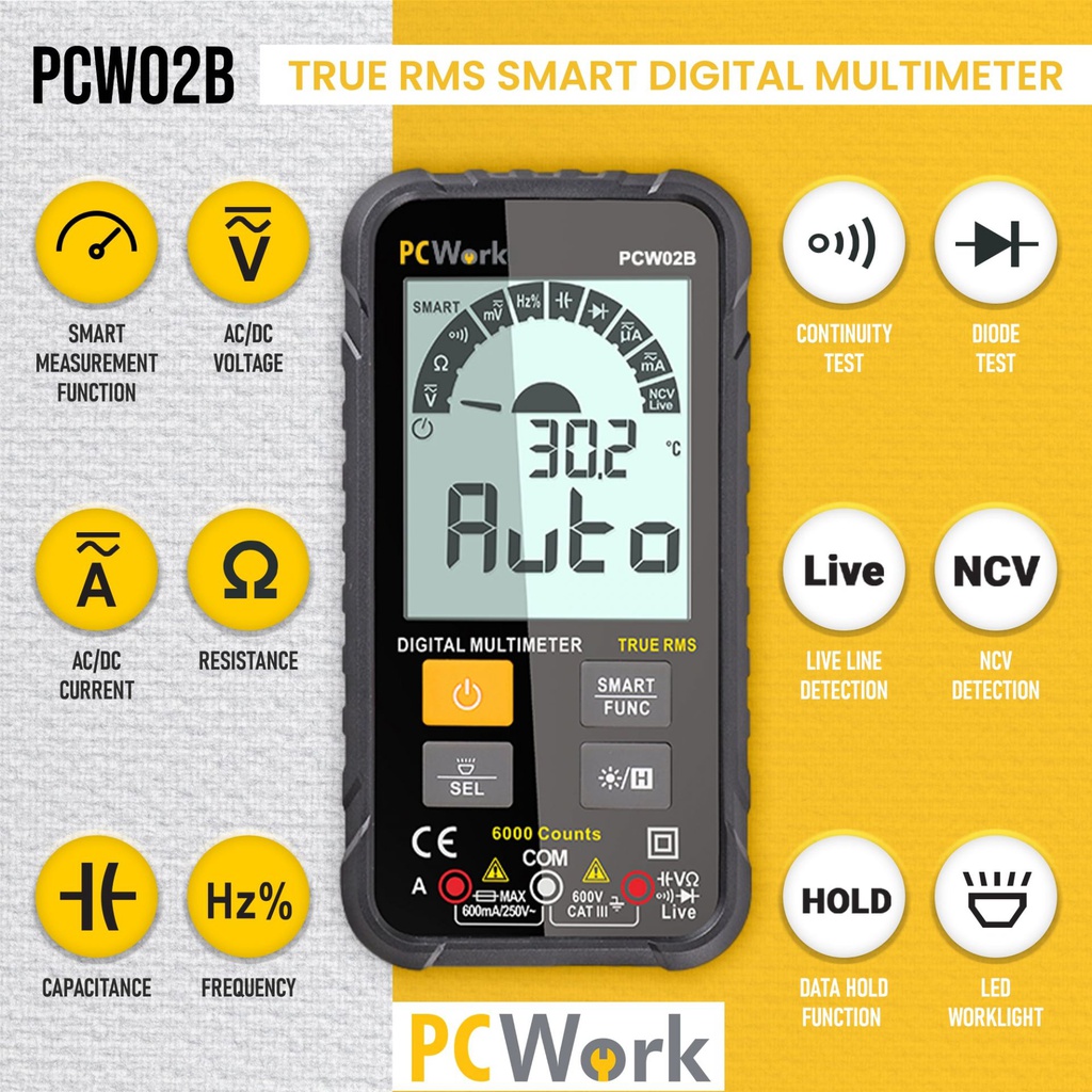 PCW02B  Yleismittari Mini Smart True RMS, CAT III 600V
