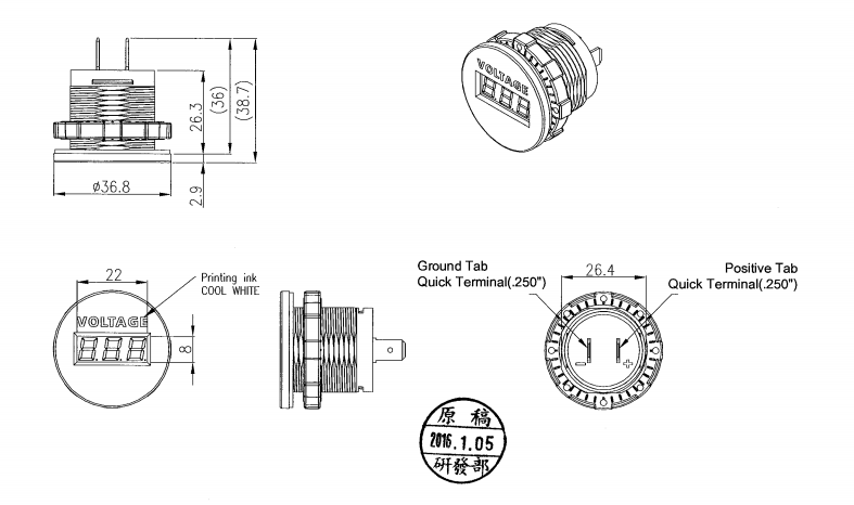 Jännitemittari 6-33V, 29 mm.