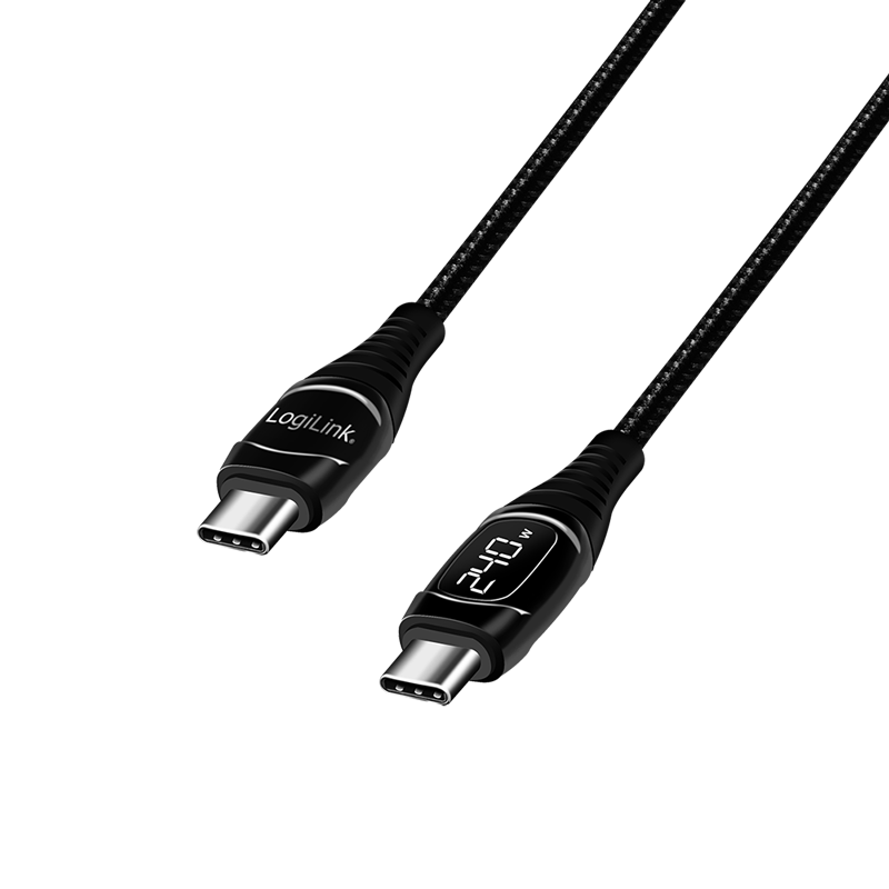 USB Type-C -kaapeli, C/Uros - C/Uros,  PD, Oled tehon näyttö, musta, 1m. Logilink