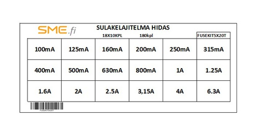[FUSEKIT50X20T] Sulakelajitelma, lasiputki, 5X20mm. 180kpl. HIDAS